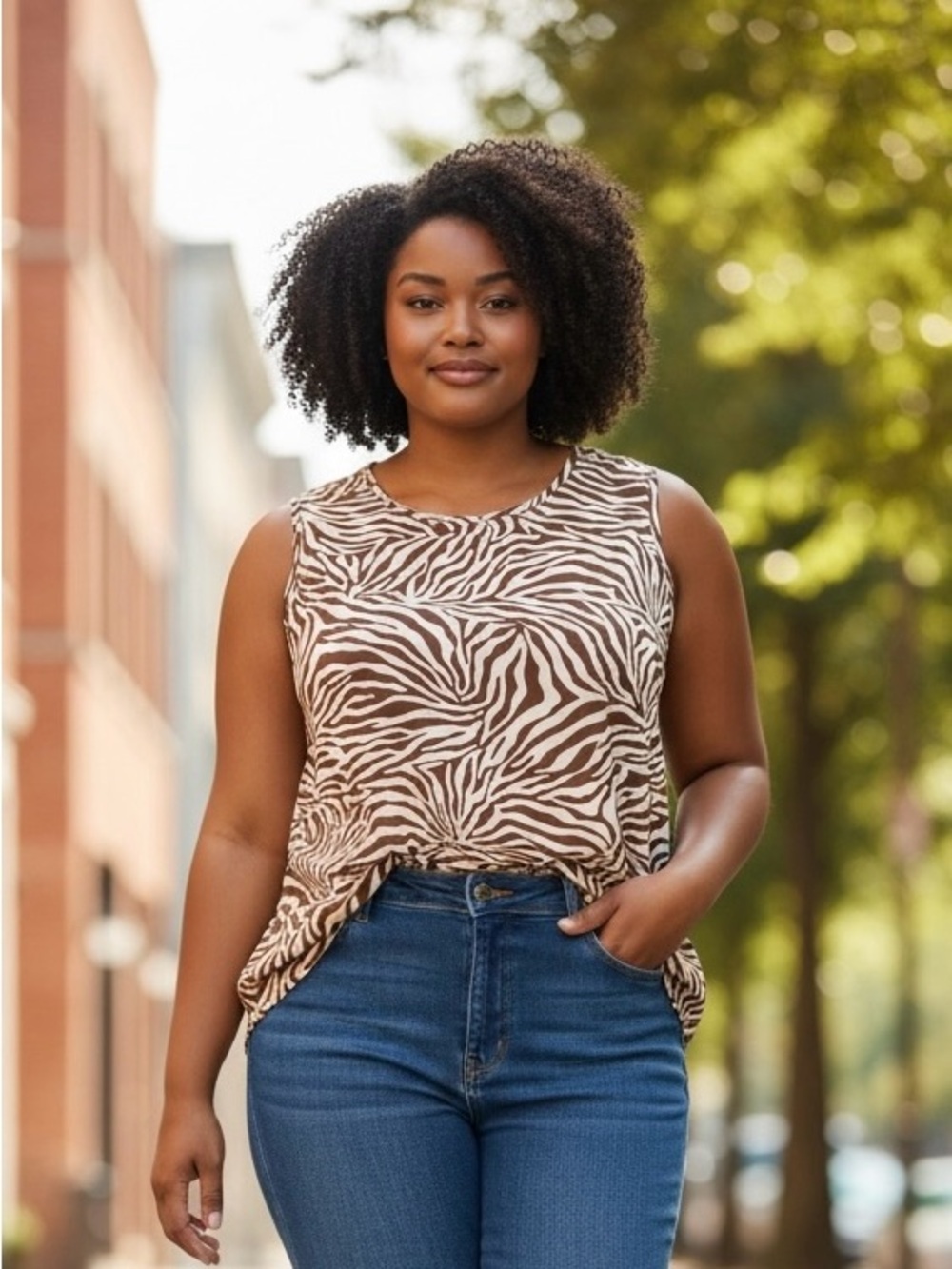 Susan Graver Brown Zebra Print Sleeveless Top- 2X